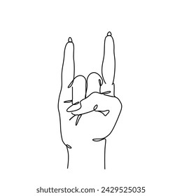 Goat rock symbol one line art. Sign of horns gesture continuous line drawing. Rock and roll woman hand sign, two fingers up. Heavy Rock Icon. Print on t-shirt. Isolated vector illustration. 