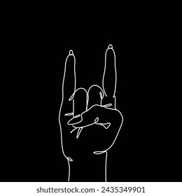 Goat rock symbol one line art. Sign of horns gesture continuous line drawing. Rock and roll woman hand sign, two fingers up. Heavy Rock Icon. Print on t-shirt. Isolated vector illustration on black. 