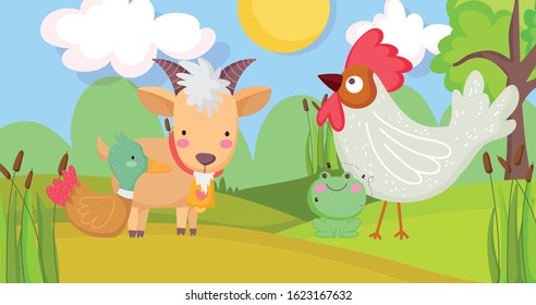 goat rooster duck and frog trees farm animal cartoon vector illustration