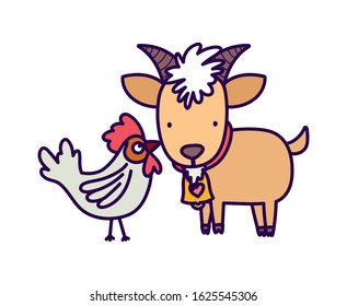 goat and rooster farm animal cartoon vector illustration