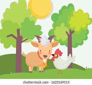 goat and rooster trees sun grass farm animal cartoon vector illustration