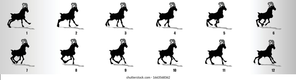 Goat run cycle  animation frames silhouette, loop animation sequence sprite sheet 