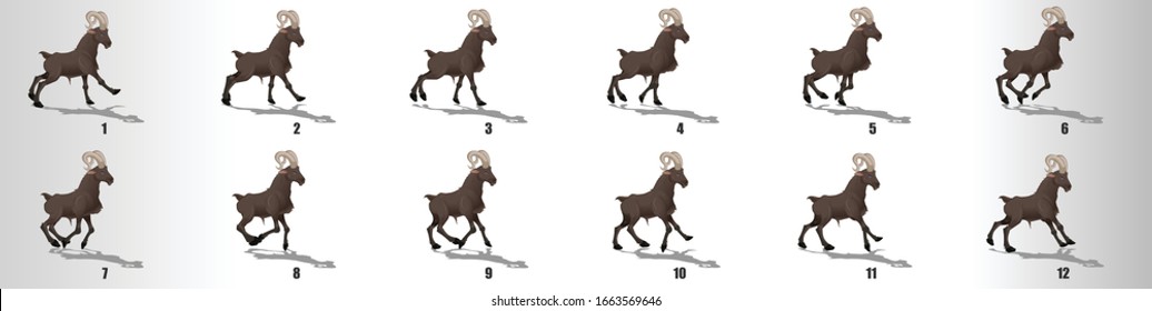 Goat run cycle animation frames, loop animation sequence sprite sheet 