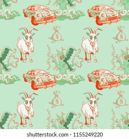 goat, rusty car, money and predator tree seamless pattern