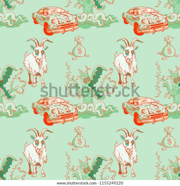 goat,\
rusty car, money and predator tree seamless\
pattern