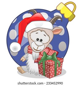 Goat in a Santa hat with gift 