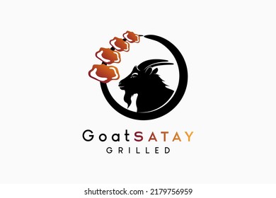 Goat satay or animal satay design, the silhouette of a goat's head combines with the satay icon in a circle in a creative concept