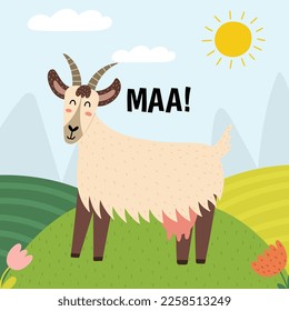 Goat saying Man print. Cute farm character on a green pasture making a sound. Funny card with animal in cartoon style for kids. Vector illustration