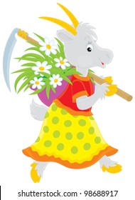 Goat with scythe and mown grass