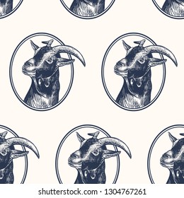 Goat. Seamless pattern with farm animal. Hand drawing of head livestock in frame. Vector illustration art. Black and white. Old engraving. Vintage. Design for fabrics, paper, textiles, wallpaper