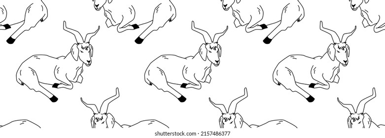 Goat Seamless Pattern in Vector. Zoo Animals Coloring Illustration. Animal Motif Icon. Line Art Silhouette. Hand Drawing Cartoon Emblem. Goat Dairy Design. Organic Milk and Cheese Packaging. 