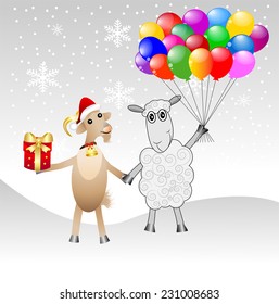 goat and sheep with a gift and air marbles,vector illustration