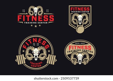 caprino ovelha cabeça ibex crânio e chifre com barra de poder, barbell e kettlebell emblema logotipo coleção de design para fitness, ginásio, musculação, halterofilismo clube  