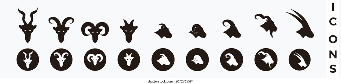 goat, sheep, lamb, big horn goat head icon set. silhouette head goat isolated on white