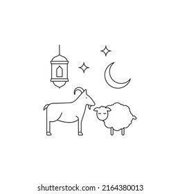 Icono de línea conceptual de cabra, oveja y linterna. Ilustración de elemento simple. Diseño de símbolos de diseño de bocas, ovejas y farolillos del conjunto Eid Al Adha. Se puede usar para web y móvil