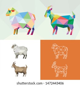 GOAT SHEEP RAM EWE ANIMAL FARM LOW POLY LOGO ICON SYMBOL SET. TRIANGLE GEOMETRIC POLYGON