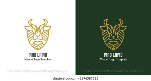 Goat shield logo design illustration. Silhouettes of farm animals, heads of sheep, sheep, wildlife. Elegant gradient simple flat icon concept.