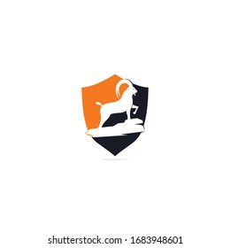 Goat shield shape concept Logo Template Design. Mountain goat vector logo design. Goat head Logo Template vector icon illustration design	
