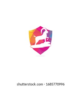 Goat shield shape concept Logo Template Design. Mountain goat vector logo design. Goat head Logo Template vector icon illustration design	