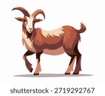A goat is shown walking on flat ground. The goat has a cartoon design with brown and white fur. Its horns are curved and pointed. The background is plain and white, highlighting the goats features. The goat stands on four legs and takes a step, showing its playful nature. This design captures a fun representation of a goat in a simple and colorful way.