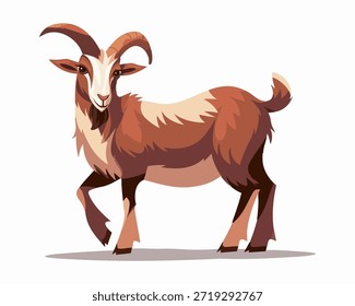 Se muestra una cabra caminando sobre un terreno plano. La cabra tiene un diseño de dibujos animados con pelaje marrón y blanco. Sus cuernos son curvos y puntiagudos. El fondo es liso y blanco, destacando las características de las cabras. La cabra se para en cuatro patas y da un paso, mostrando su naturaleza lúdica. Este diseño captura una representación divertida de una cabra de una manera simple y colorida.