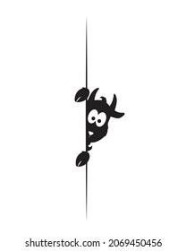 Goat silhouette behind the wall, vector. Cute cartoon character isolated on white background. Cute goat illustration. Childish wall decals, wall art. Minimalist black and white artwork. 