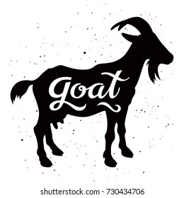 Goat silhouette with a calligraphic inscription "Goat" on a grunge background. Vector illustration