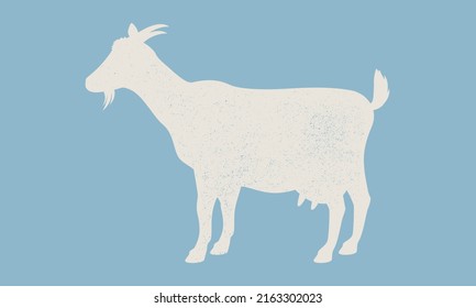 Goat silhouette with grunge texture. Goat icon isolated on blue background. Seal, Stamp design for meat shop, restaurant menu. Vintage typography. Vector Illustration