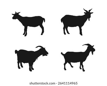 Goat silhouette icon symbol logo black design. Goats are isolated on a white, hand-drawn vector illustration. Flat Black Color Isolated on a White Background.
