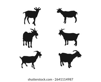 Goat silhouette icon symbol logo black design. Goats are isolated on a white, hand-drawn vector illustration. Flat Black Color Isolated on a White Background.
