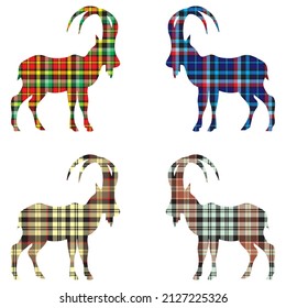 Goat Silhouette With Plaid Pattern Vector Illustration. Ram Silhouette With Textile Texture. Goat Animal Logo Template
