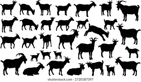Coleção de vetores de silhueta de cabra, cabras de pé, cabras saltantes, cabras mentirosas, formas de animais negros, gado agrícola, arte da natureza, design editável, ícones isolados, espécies domésticas, referência artística, ilustração rural