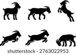 Goat silhouette vector set featuring different poses like standing, walking, jumping, and grazing.