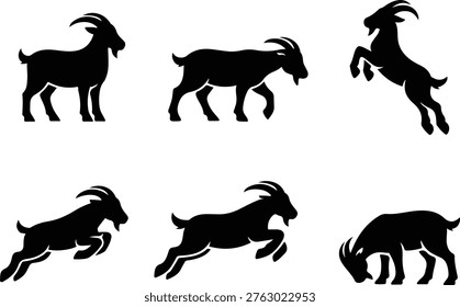 Goat silhouette vector set featuring different poses like standing, walking, jumping, and grazing.