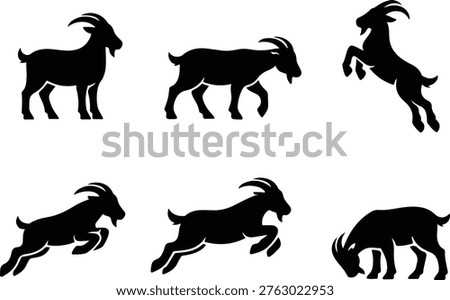 Goat silhouette vector set featuring different poses like standing, walking, jumping, and grazing.