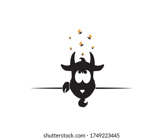 Goat silhouette with wasps behind wall, vector. Cartoon character design. Kids wall decals, childish poster design, wall art, artwork. Cute, funny goat illustration