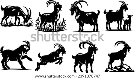 Goat Silhouettes, Cute Goat Vector Black Illustration