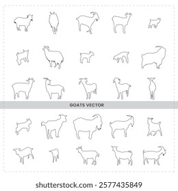 goat silhouettes minimalist line drawings, simple animal sketches, continuous line art,  black and white  various goat breeds different poses and sizes