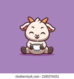 Goat Sitting Drink Coffee Cute Creative Kawaii Cartoon Mascot Logo