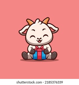 Goat Sitting Gift Box Cute Creative Kawaii Cartoon Mascot Logo