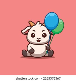 Goat Sitting Hold Balloon Cute Creative Kawaii Cartoon Mascot Logo