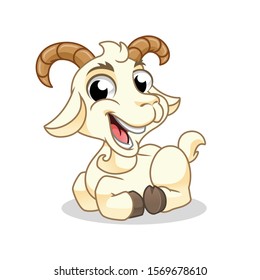 Goat Sitting, Mammal Animal, Cartoon Vector Illustration Mascot, in Isolated White Background.