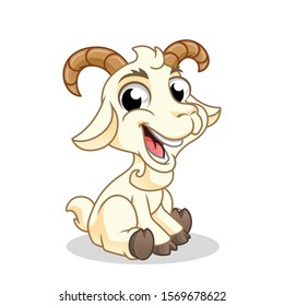Goat Sitting, Mammal Animal, Cartoon Vector Illustration Mascot, in Isolated White Background.