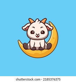 Goat Sitting On Moon Cute Creative Kawaii Cartoon Mascot Logo