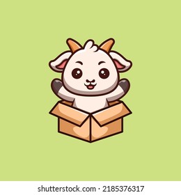 Goat Sitting Out From Box Cute Creative Kawaii Cartoon Mascot Logo