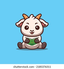 Goat Sitting Reading Book Cute Creative Kawaii Cartoon Mascot Logo