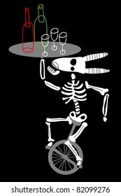  a goat  skeleton mounts the unicycle and takes tray with bottle