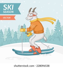 goat skiing on the background winter forest landscape. Vector illustration. 