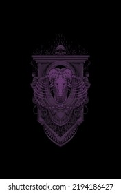 Goat skull with skull body skeleton and ornament vector illustration