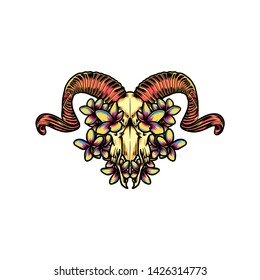 Goat skull and flower design for tshirt, patch, badge, hat, sticker, etc